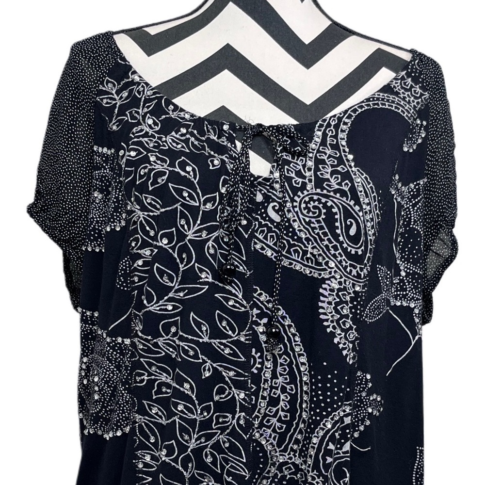 Bila Boho Paisley Print Sz XL Sheer-Sleeve Blouse - Picture 2 of 9